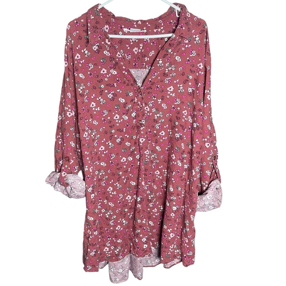 In Every Story 4X Linen Tunic Top Blouse Button Floral Shirts Hi Lo Long Sleeves
